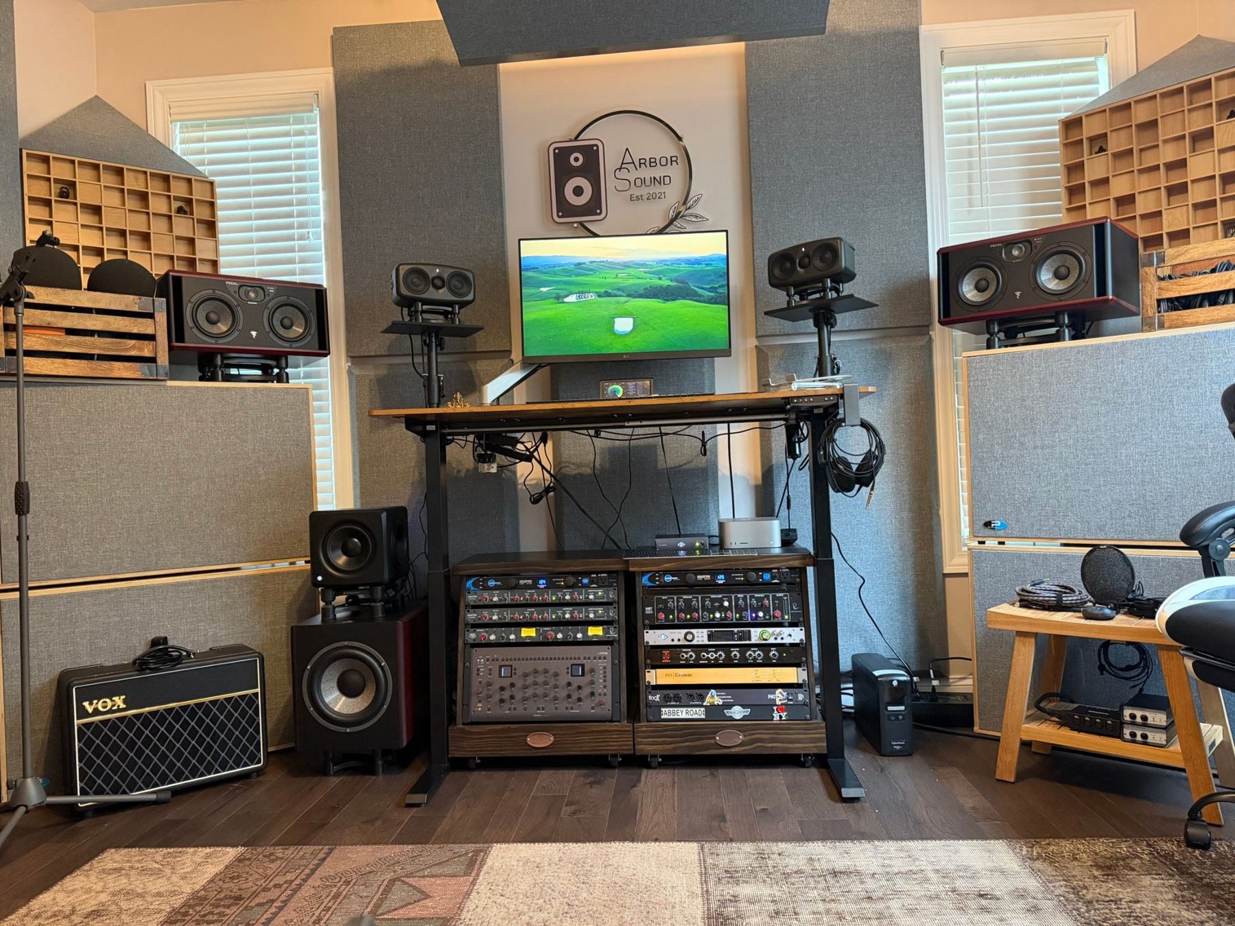 The Arbor Sound control room: Focal monitors, rack gear and the Arbor Sound sign